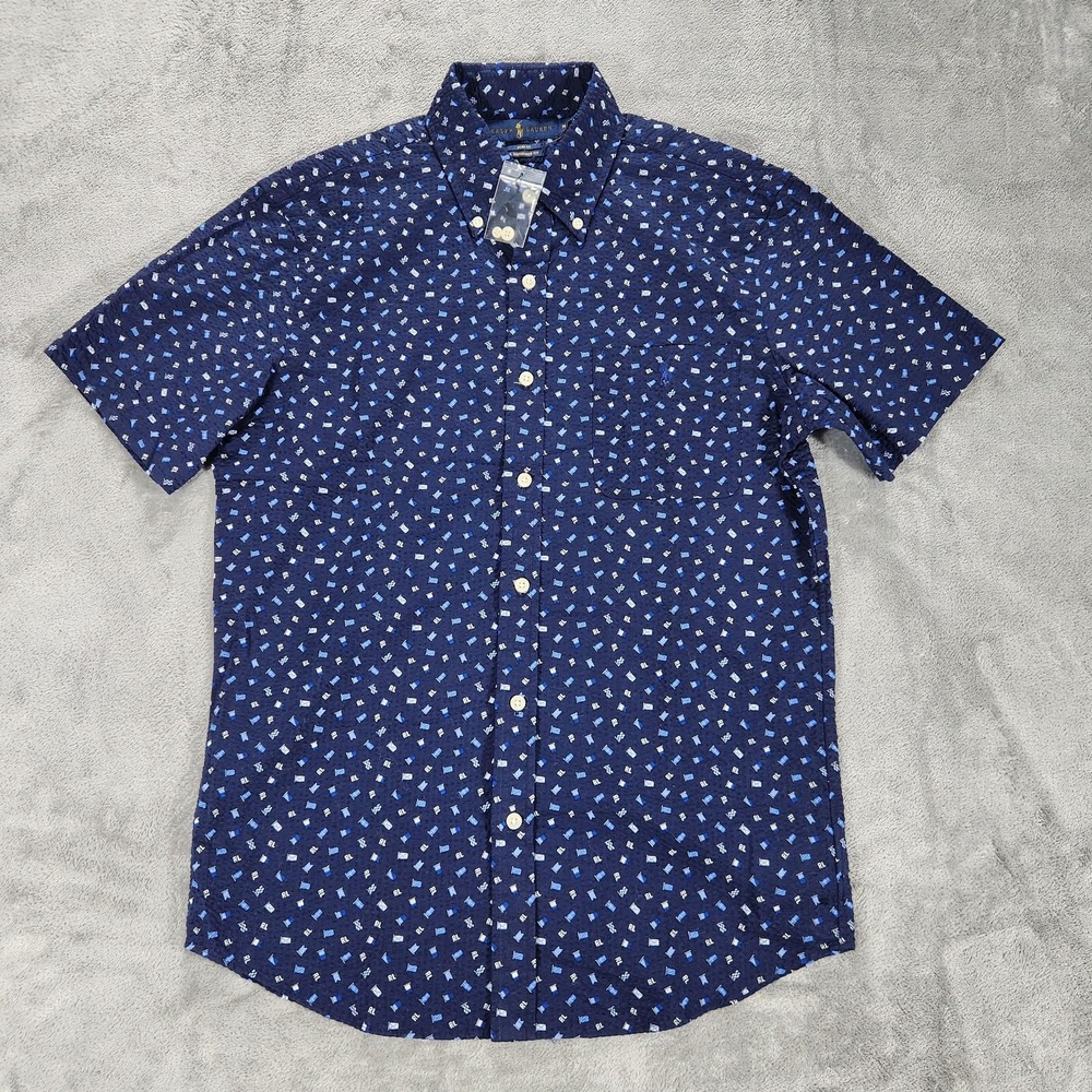 Ralph Lauren Shirt Mens Medium Blue Seersucker‎ Nautical Flag Print Slim Fit